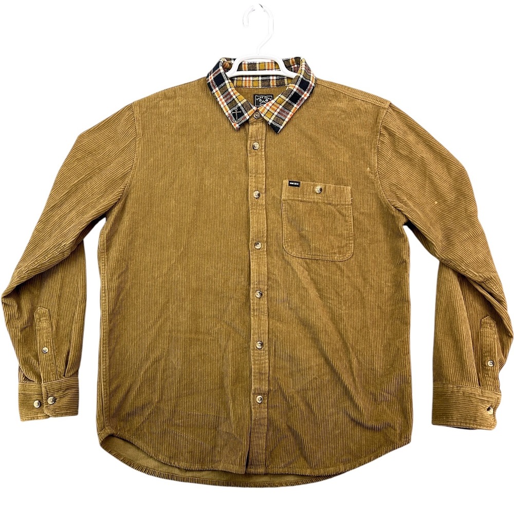 Dark Seas Corduroy Shirt Mens Large Brown Plaid Collar Long Sleeve Anchor Pin